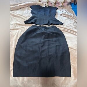 Elegant Vintage Gillian Linen Silk Black Two-Piece Skirt Peplum Set 2/4